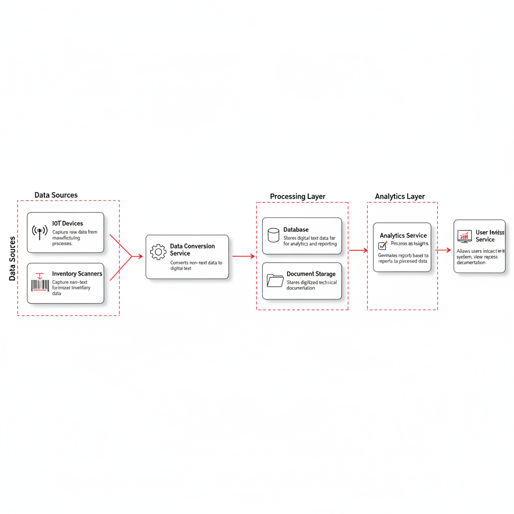 Manufacturing OCR automation workflow diagram showing Inventory Labeling, Quality Assurance testing, IoT Data Capture, and Technical Documentation digitization processes.